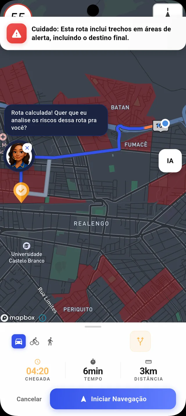 Tela do Vem Tranquilo mostrando uma rota com alerta de área de risco