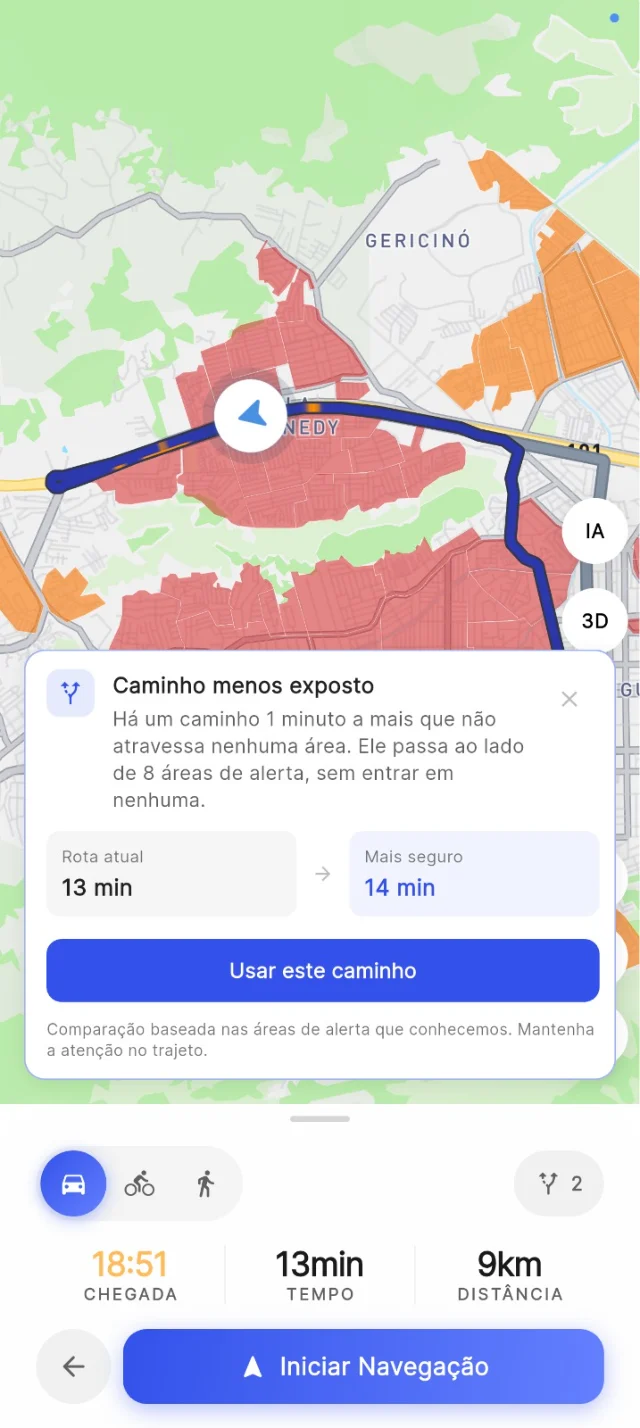 Pantalla de la app sugiriendo un camino menos expuesto, que no atraviesa ninguna zona de alerta